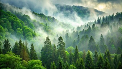 Sticker - Misty green forest reflected in wet landscape of mountains