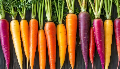 Wall Mural - A Row of Vibrant Colorful Carrots on a Dark Wooden Background