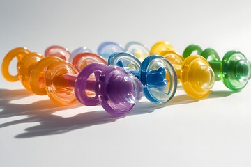 Colorful Plastic Baby Teethers Arranged on White Background