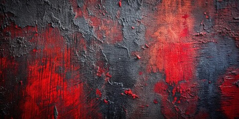 close-up shot of vibrant red, deep black, and muted gray artwork on textured surface