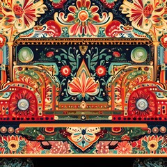 104. **Pakistani truck art pattern with bright, decorative elements.**