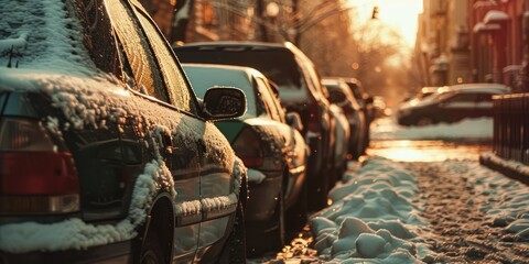 Poster - Snow covered parked cars by the roadside in a cityscape