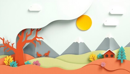 Paper cut out landscape with a house, tree, clouds and sun.