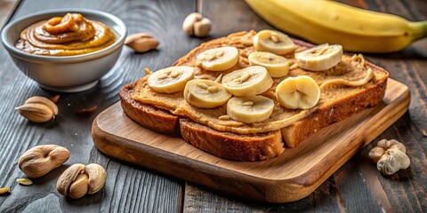 Wall Mural - Close up of peanut butter and banana slices on bread with bananas and cashews on the side