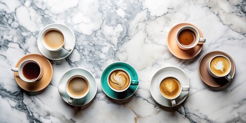 Wall Mural - Aerial view of a gourmet coffee moment with stylish cups and saucers on a marble table