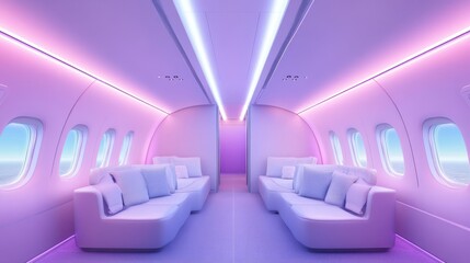 Luxurious and modern airplane interior featuring plush seating, colorful lighting, and panoramic windows for a stylish travel experience.