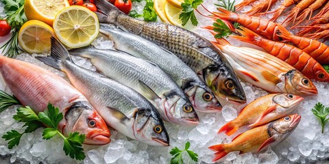 Fresh seafood raw storage with ice at fish and shrimp market