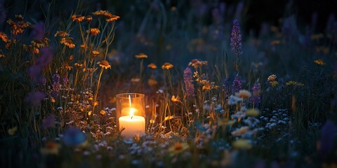 Wall Mural - enchanted evening candlelight amidst wildflowers