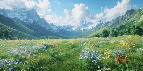 Sticker - Lush green meadow with wildflowers and mountain backdrop 