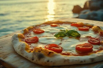 Delicious pizza margherita enjoying the sunset by the sea