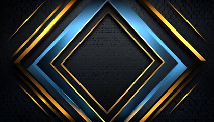 Abstract Geometric Background with Golden and Blue Stripes on a Black Hexagonal Pattern