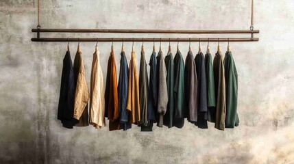 A stylish display of various hanging jackets, showcasing modern fashion trends against a minimalistic backdrop.