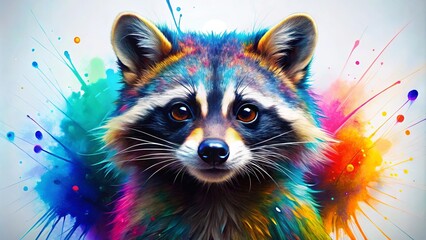 Colorful paint splattered raccoon, cute wildlife animal with vibrant markings on face