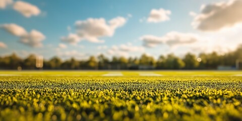 Poster - A Bright Sky Provides A Cheerful Backdrop To A Blurred Football Field, Enhancing The Energetic Atmosphere 