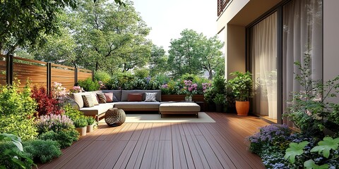 Wall Mural - Modern terrace with wood deck flooring and fence green potted flowers plants and outdoors furniture