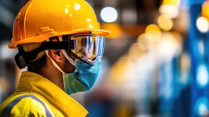 A construction worker in a helmet and mask, focused on safety while working in an industrial environment.