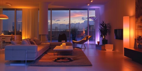 Poster - Soft ambient lighting in a modern living room, creating a cozy and inviting atmosphere for relaxation