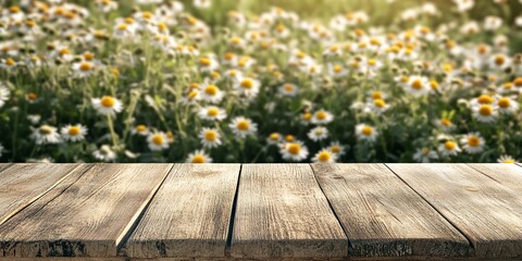 Canvas Print - an empty wooden table with a background of blooming chamomile. display your product outdoors. mockup.