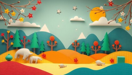 Paper craft scene with animals and trees on a blue background.