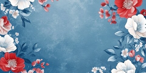 Wall Mural - Beautiful elegant vintage floral background with flowers in shades of blue, red, and white, in a traditional oriental style, for a holiday or a ceremony in Asia, space for a text 