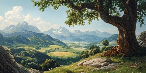 Sticker - Scenic landscape with a large tree on a hilltop overlooking a valley and mountains in the distance 