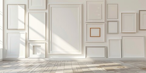 A white frame display on a gallery wall, surrounded by various sizes of frames, creating a cohesive and artistic arrangement