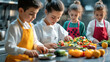 © missisya - Children enjoying a cooking class, preparing fresh vegetables and fruits in a bright kitchen, fostering creativity and teamwork.