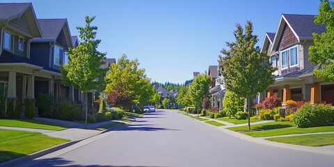 Poster - A peaceful suburban street lined with well-kept houses and lush greenery under a clear sky, exuding calmness and order.