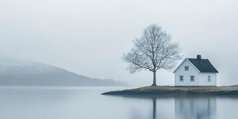 Sticker - White cottage next to a lone tree at the lake -