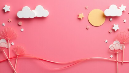 Pink paper background with clouds, stars, and a sun, with copy space.