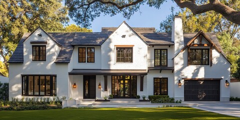 the front view exterior, white brick home with dark wood accents and gable roof in beverly hills california. large oak trees surround house