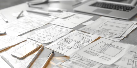 Fototapete - Creative UX design process with sketches, digital tools, and prototyping techniques for iterative improvements