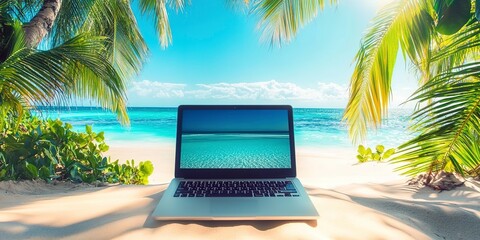 Sticker - Laptop with tropical beach with palm trees wallpaper on a sandy beach in heat on trip. Remote work on vacation and travel, home office, internet, tours, resort, hotel. 