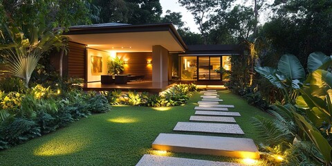 Poster - A modern house with a well-landscaped front yard featuring a stone pathway, lush greenery, and outdoor lighting creating a warm and inviting atmosphere 