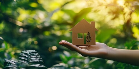 Sticker - Hand holding eco house icon in lush nature setting, symbolizing sustainable living and environmental stewardship