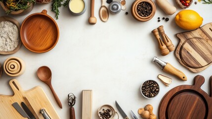 Cooking preparation area with wooden utensils, spices, and fresh ingredients arranged on a countertop for meal preparation