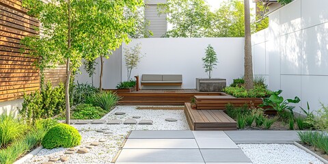 Poster - Minimal modern bungalow front garden with white walls and wooden furniture, plants and small trees in the corner of the house. 