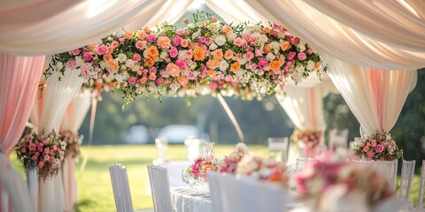 Wall Mural - Concept of a luxurious wedding tent outdoor decorated with beautiful flowers. 