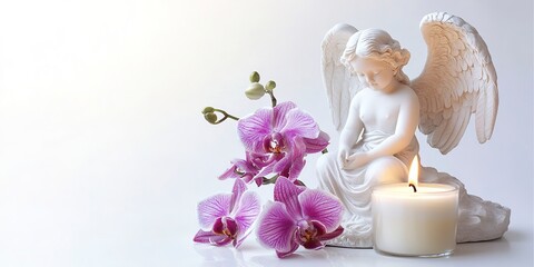 Wall Mural - Image of a serene angel sitting next to a phalaenopsis flower and a burning candle all isolated on a white background conveying the concept of condolences. copy space available