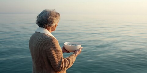 Wall Mural - an elderly lady holds an urn with ashes and scatters the ashes over the sea, photo from the back, natural daylight, copy space for text. Funeral concept. Final resting place for a departed soul.