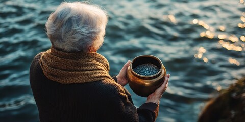 an elderly lady holds an urn with ashes and scatters the ashes over the sea, photo from the back, natural daylight, copy space for text. Funeral concept. Final resting place for a departed soul.