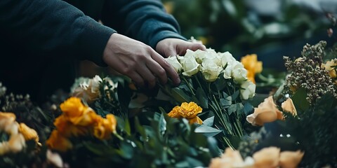 Wall Mural - Laying flowers on the coffin. Funeral. Funeral services. Funeral decoration and organization services. Burial