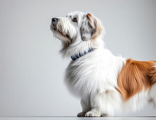 A charming dog with fluffy fur and a curious expression, captured in a studio setting with soft lighting.