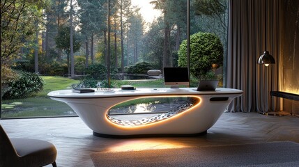 Poster - Modern White Desk with Integrated Lighting and Forest View