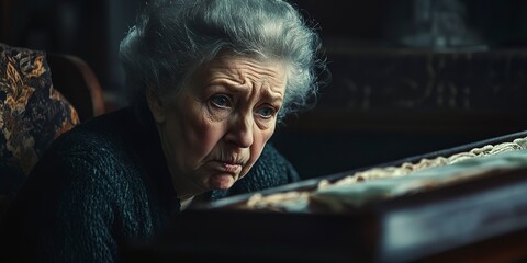 Poster - Old lady crying near the coffin, funeral scene