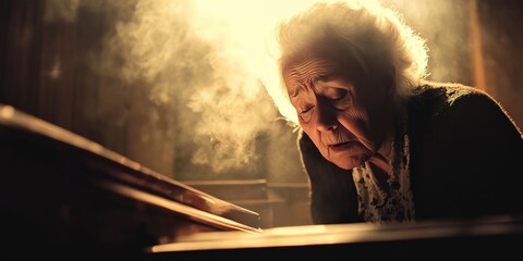 Wall Mural - Old lady crying near the coffin, funeral scene 