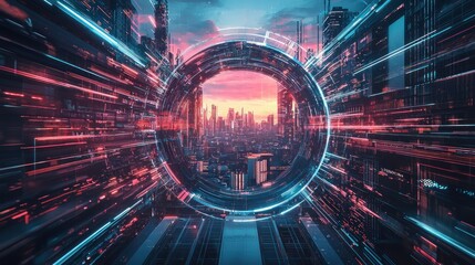 Wall Mural - Futuristic Cityscape with a Circular Portal and Neon Lights