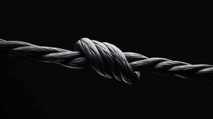 Close-up of a twisted rope knot against a dark background, showcasing texture and detail in a minimalist style.