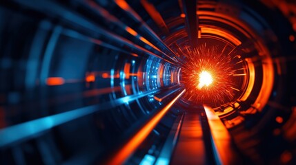 Poster - Futuristic tunnel design with vibrant blue and orange lights evoking a sense of motion and energy within a digital environment.