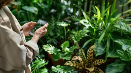 Woman uses a smartphone to take a photo of a lush green plant in a greenhouse.